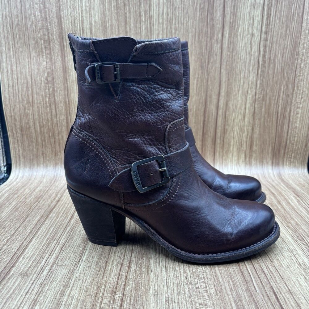 FRYE Karla Engineer Leather Back Zip Heeled Ankle Boot Women's 7.5‎ B Brown